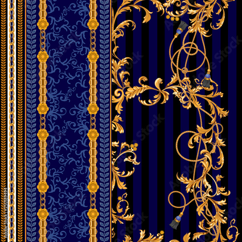 Baroque seamless pattern with chains, ropes and brushes.Vector patch for print, fabric, scarf