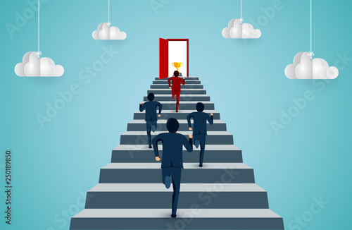 Businessmen are competition running up the stair to the door color red. go to success goal. business finance concept. creative idea. leadership concept. startup. illustration cartoon vector