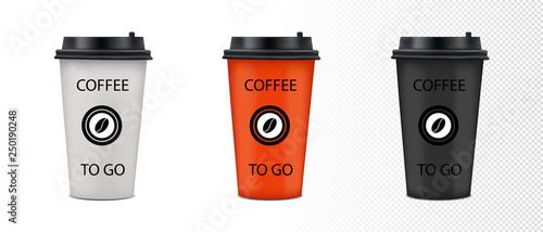 Realistic Coffee Paper Cup Set With Lid And Logo - Vector Illustration - Isolated On Transparent Background