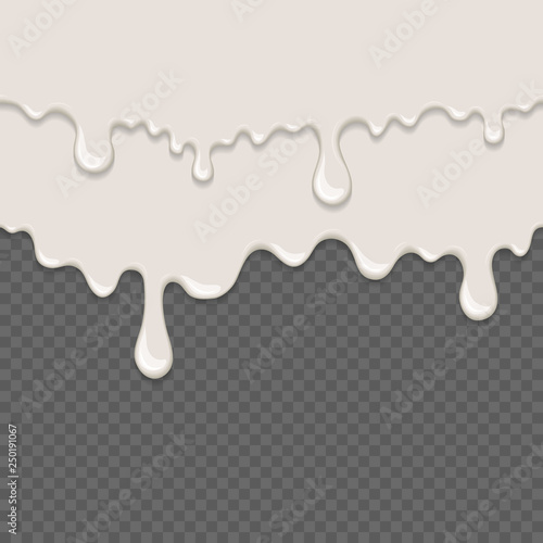 White sticky liquid seamless element. Realistic dripping slime isolated object. Background with white yogurt. Popular kids sensory game. Dairy flowing repeatable vector illustration. White paint drops