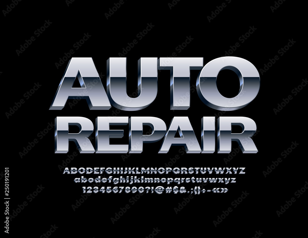Vector metallic logotype Auto Repair with 3D Chrome Font. Isometric ...