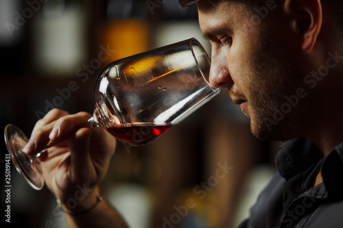 Photos Bokal of red wine on background, male sommelier appreciating drink