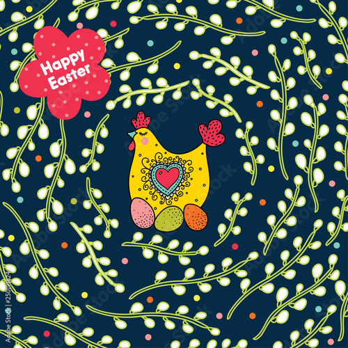 Сute frame with willow branches with hen-hen and eggs. Can be used for wallpaper, pattern fills, web page background, postcards.