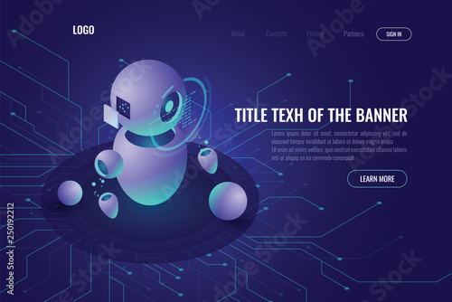 Robotics technology, machine education and artificial intelligence ai isometric icon, data processing, robotica concept, smart tech, ultraviolet vector web