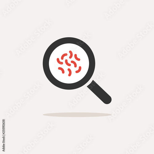 Magnifying glass with germs. Color bacterial microorganism icon with shadow