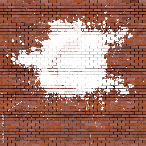 Red brick brick wall with white paint blots, blank template.