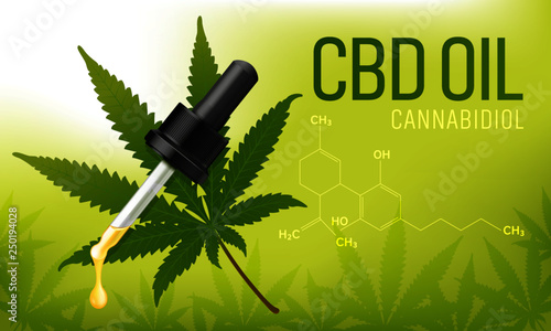 Cannabis leaf with cbd oil dropper and molecular structure