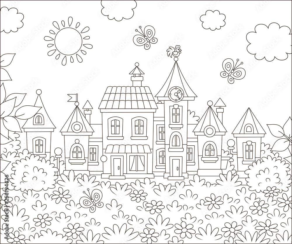 Houses of a small town among trees, grass, flowers and butterflies on a sunny summer day, black and white vector illustration in a cartoon style for a coloring book