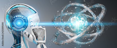 White robot creating future technology structure 3D rendering