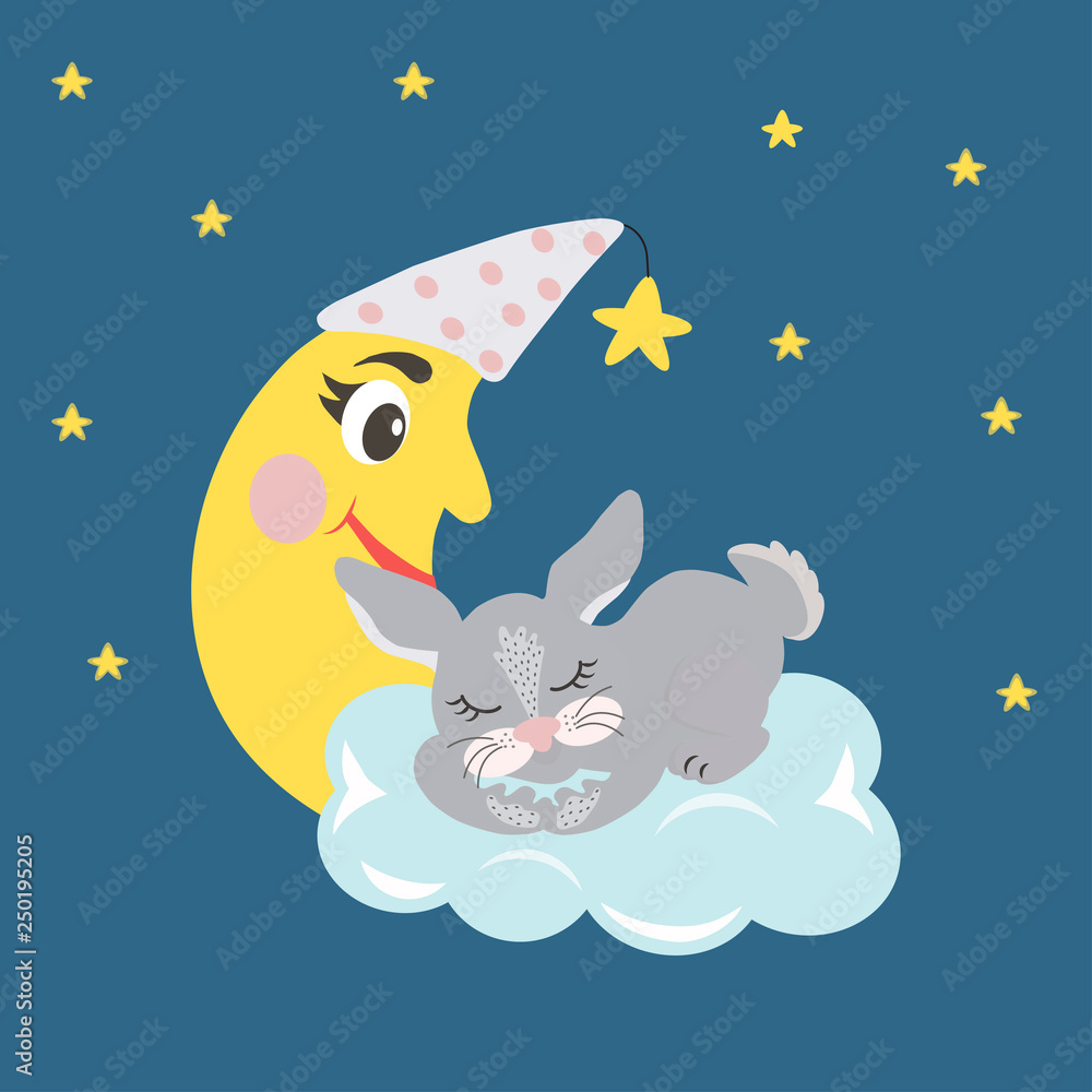 Sleeping gray cute hare on a white cloud. Background with a night starry sky. Sweet dreams design element. Greeting card. Graphics for t-shirts. Sleeping gray cute hare on a white cloud. Background with a night starry sky. Sweet dreams design element. Greeting card. Graphics for t-shirts.