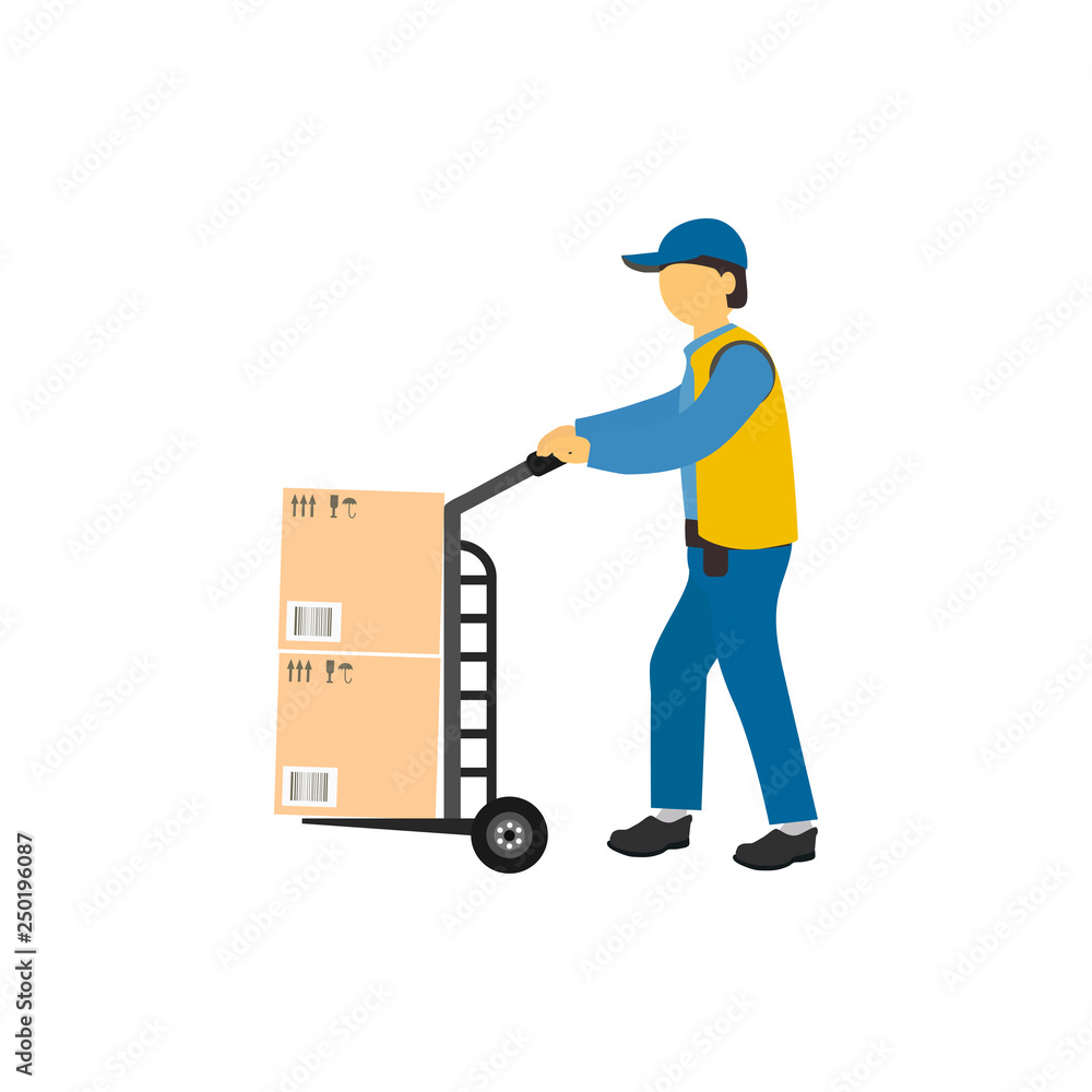 Vector illustration. Male loader carries a wheelbarrow with parcels. Courier delivery concept. Vector illustration. Male loader carries a wheelbarrow with parcels. Courier delivery concept.