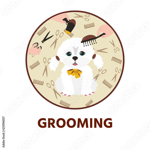 Cute dog  at groomer salon. Pet grooming concept.  Vector illustration for pet hair salon, styling and grooming shop, pet store for dogs and cats