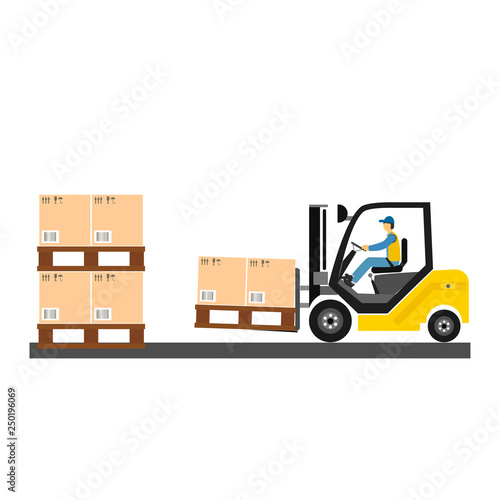 Forklift auto loader with box. Vector illustration isolated on white background. Passenger airport ground technics. Delivery company concept.