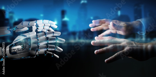 Robot hand making contact with human hand on dark background 3D rendering