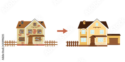 House before and after repair. Old run-down home. Renovation building. The cottage is modern. Vector illustration.