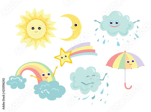 Cute weather icon set. Sun, moon, star with rainbow tail, rainbow, rainy cloud, umbrella. Funny characters isolated on white background. Vector illustration in cartoon simple flat style.