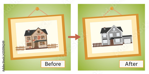 House before and after repair. Old run-down home. Renovation building. The cottage is modern. Vector illustration.