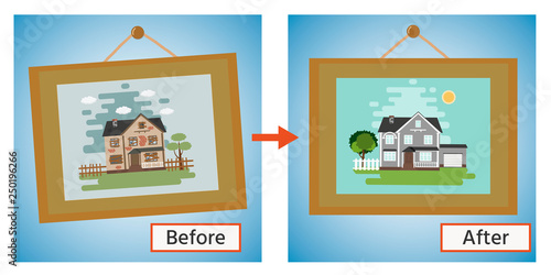 House before and after repair. Old run-down home. Renovation building. The cottage is modern. Vector illustration.