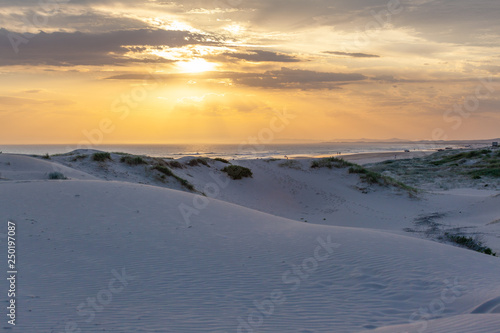 White sand dunes of Birubi beach at sunset. Anna Bay, New South Wales, Australia