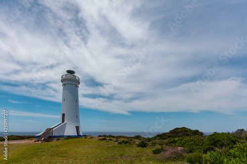 Point Stephens Lighthouse powered by solar panels on bright summer day. Fingal Bay  New South Wales  Australia
