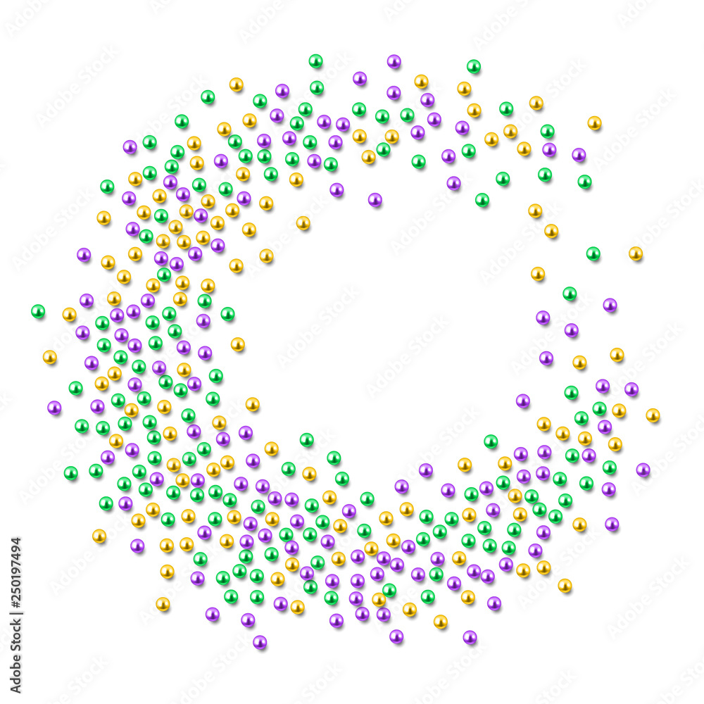 Mardi Gras beads in traditional colors, gold, purple, green, isolated on white, decorative background template, vector illustration