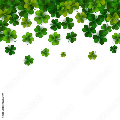 Happy Saint Patrick s day background with realistic shamrock leaves  decorative frame template  vector illustration