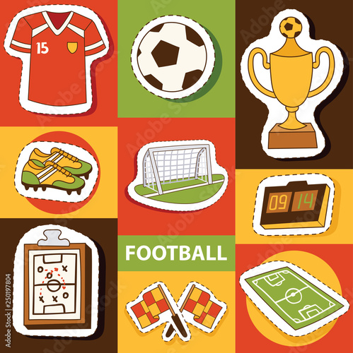 Soccer vector soccerball football pitch and sportswear of footballer or soccerplayer illustration backdrop set of footballing clothes wallpaper trophy cup background