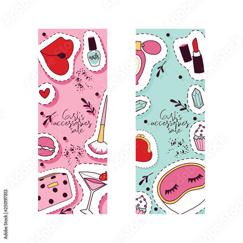 Cosmetic vector beauty make up cosmetology lipstick sticker for beautiful woman makeup perfume backdrop illustration wallpaper set of girlie cosmetician accessories background