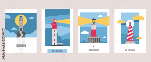Lighthouse vector beacon lighter beaming path of lighting from seaside coast illustration set of lighthouses isolated on background