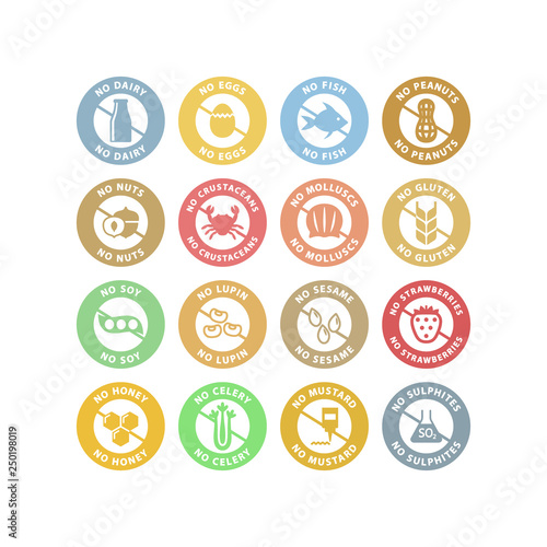 No allergens circle stickers colorful stamp set. No gluten, no dairy, no peanuts vector labels in pastel colors.