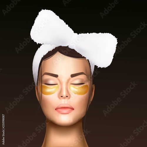 vector illustration of a realistic face of a young beautiful girl with a cosmetic bandage on her hair and moisturizing patches under her eyes