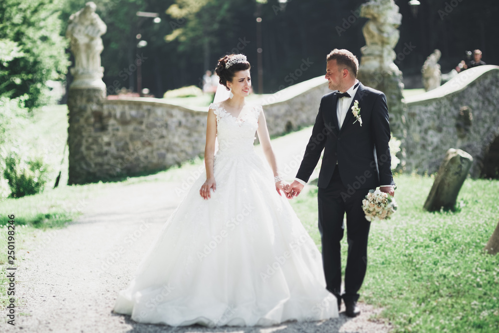 Romantic, fairytale, happy newlywed couple hugging and kissing in a park, trees in background