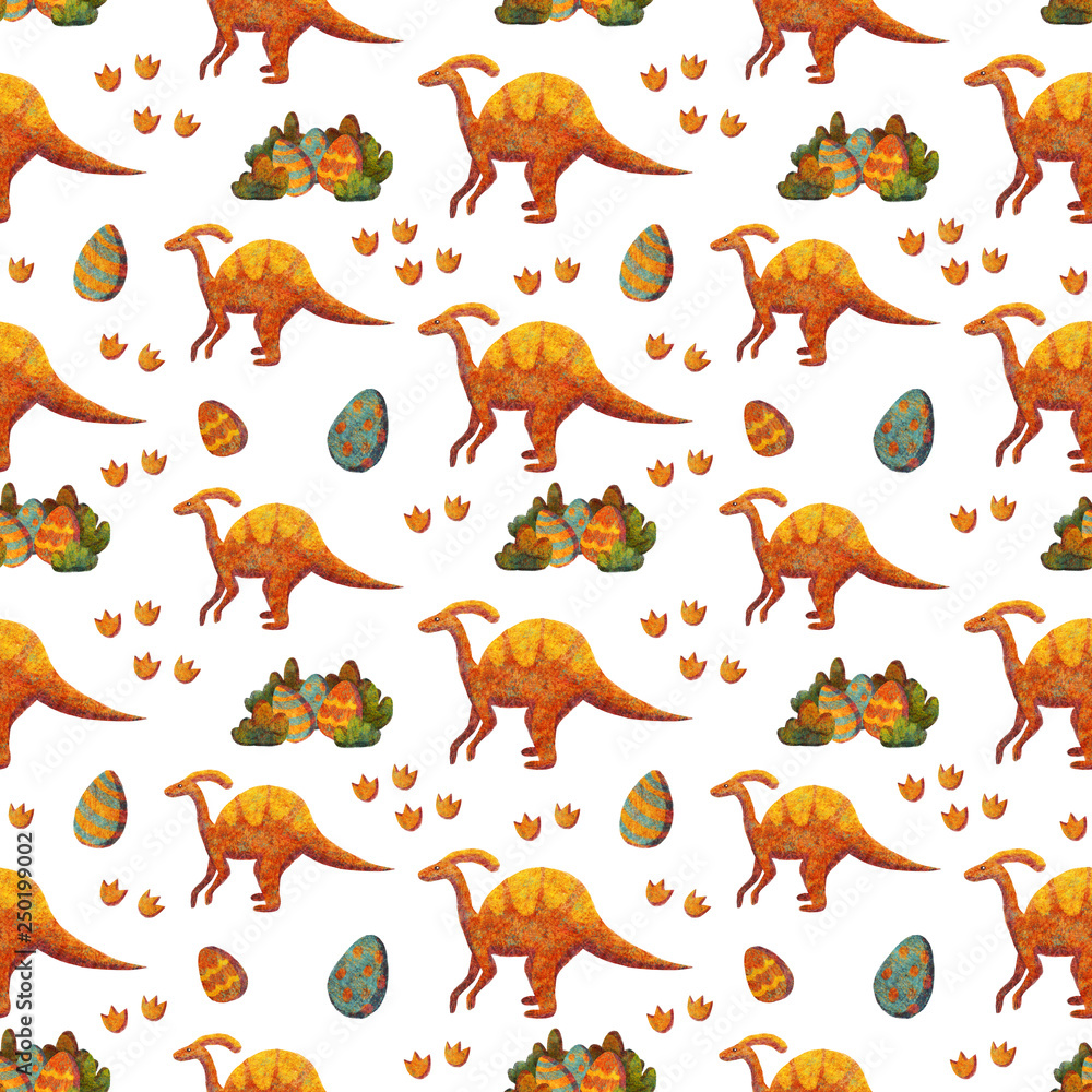 Seamless Pattern with Cute various Dinosaurs blue and orange