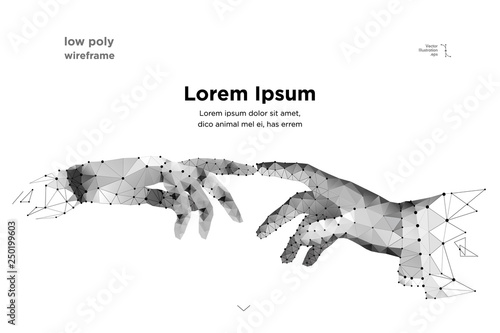Robot arm and hand human, touch. Illustration can be used for artificial intelligence business banner design. Technological concept. Banner. Low poly wireframe vector illustration 