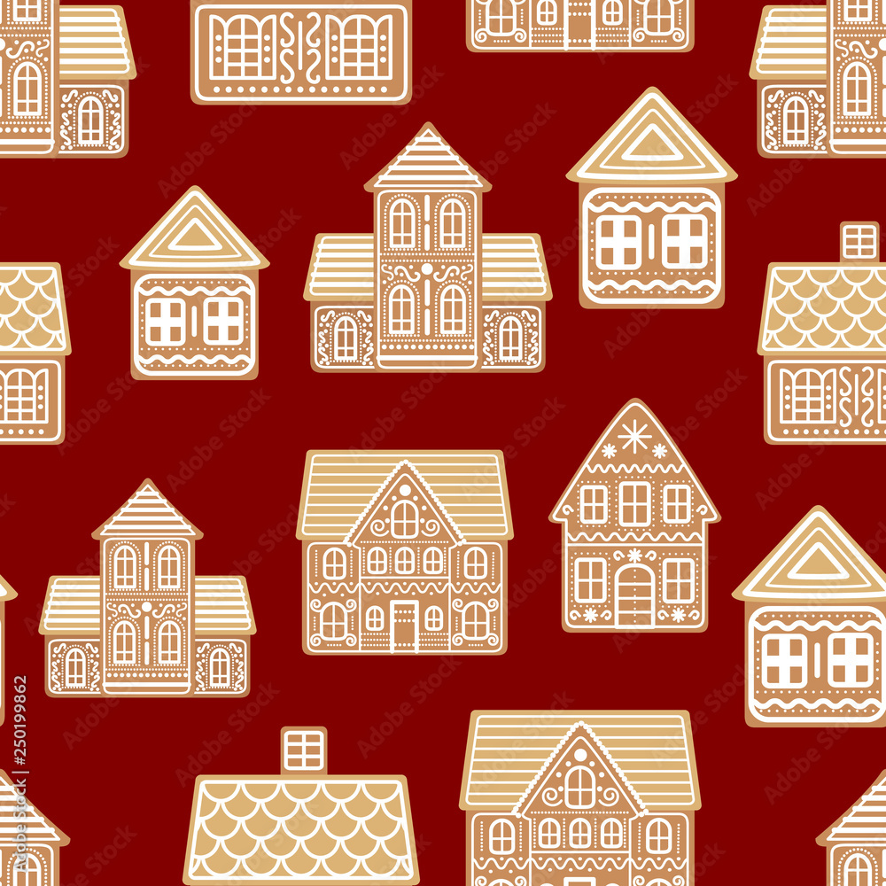 Cartoon Festive Gingerbread Houses Seamless Pattern Background. Vector