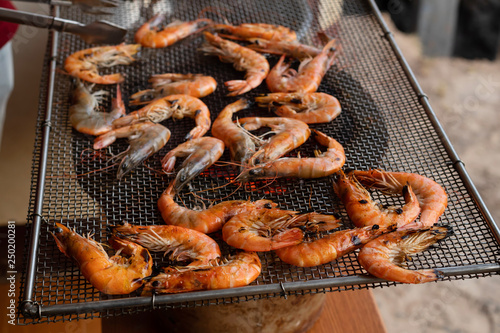 Fresh shrimp from freshwater on stove Grill