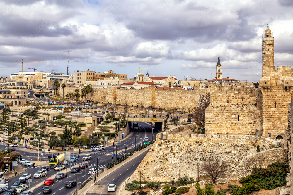 Jerusalem, Israel. Panoramic view to the Tower of David near the Jaffa Gate and to the old city from the city wall.