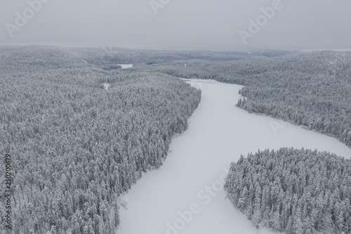 Amazing Wild Olanga River In Frozen Forest. Really Snowly Winter On The North. Aerial, Paanajärvi, Karelia, Russia