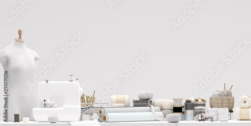 Bright atelier studio closeup with various sewing items, fabrics and mannequin on table, 3d render photo