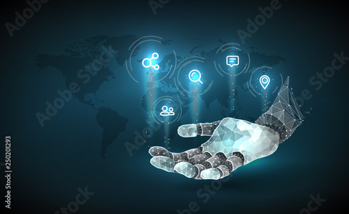 Robot hand. Chat Bot Virtual Assistance Of Website Or Mobile Applications, Artificial Intelligence Concept. Internet of things (IOT), devices and connectivity concepts on a network.Planet Earth. Vecto