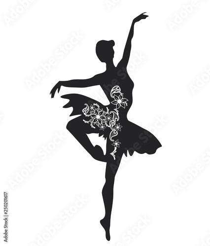 Ballerina with Flowers. Silhouette of a Beautiful Female Ballet Dancer