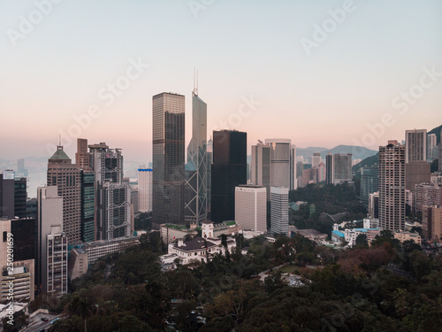 Aerial view of Hong Kong Central district at sunset