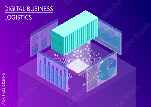 Digital business logistics concept. 3d isometric vector illustration with floating shipping container for global trade and analytics dashboards