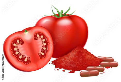 Fresh tomato and lycopene capsules. Vector illustration.
