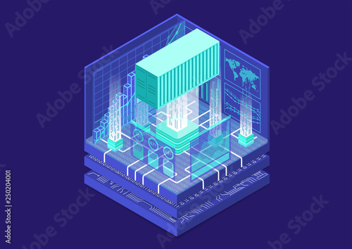 Global digital trade concept with connected shipping container and analytics dashboard as isometric vector illustration