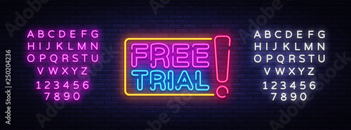 Free Trial Neon Text Vector. Free Trial neon sign, design template, modern trend design, night neon signboard, night bright advertising, light banner, light art. Vector. Editing text neon sign