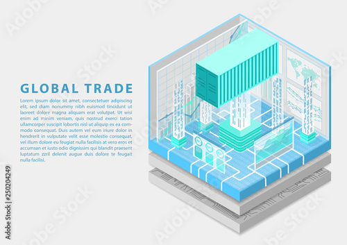 Global digital trade concept with connected shipping container and analytics dashboard as isometric vector illustration