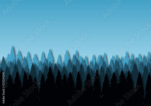 Landscape with spruce forest at dusk. Snowy trees in a park or forest. Design in the style of paper art. Vector
