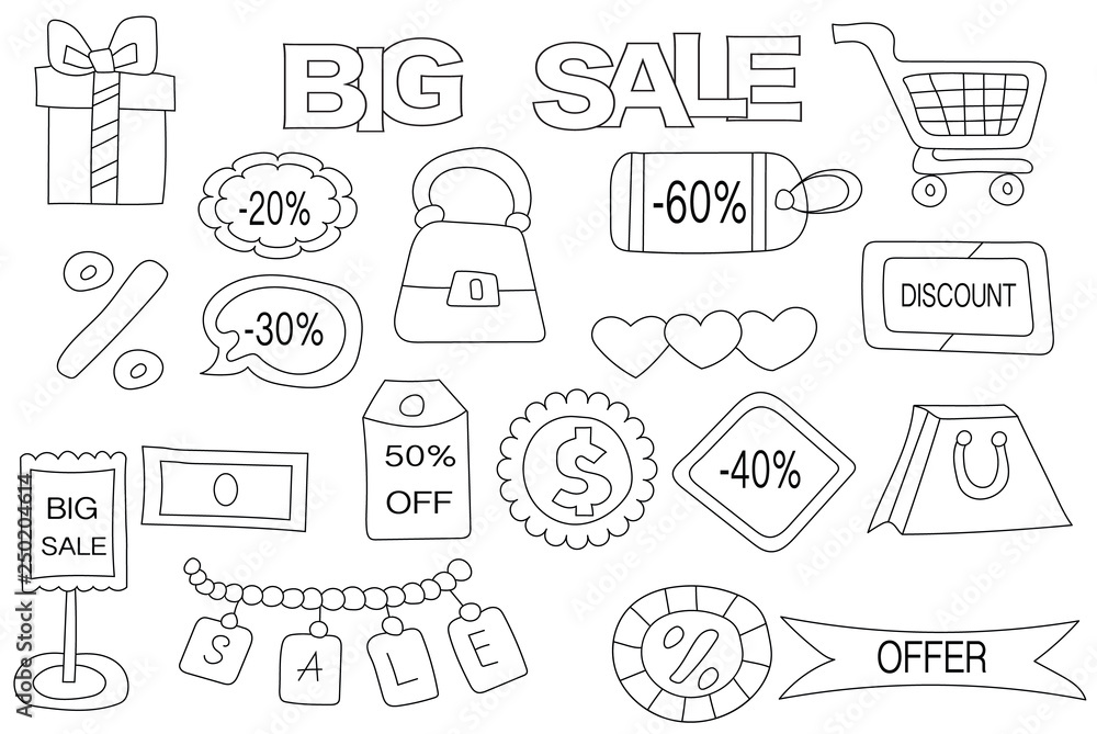Mega sale set of icons and objects. Hand drawn doodle store discount design concept. Black and white outline coloring page game. Monochrome line art. Vector illustration. Mega sale set of icons and objects. Hand drawn doodle store discount design concept. Black and white outline coloring page game. Monochrome line art. Vector illustration.