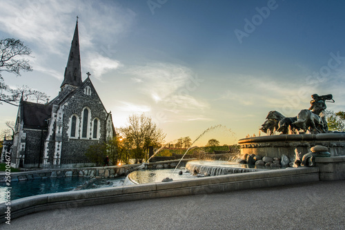 Gefion Fountain in front of St Alban's Church in Copenhagen, Denmark